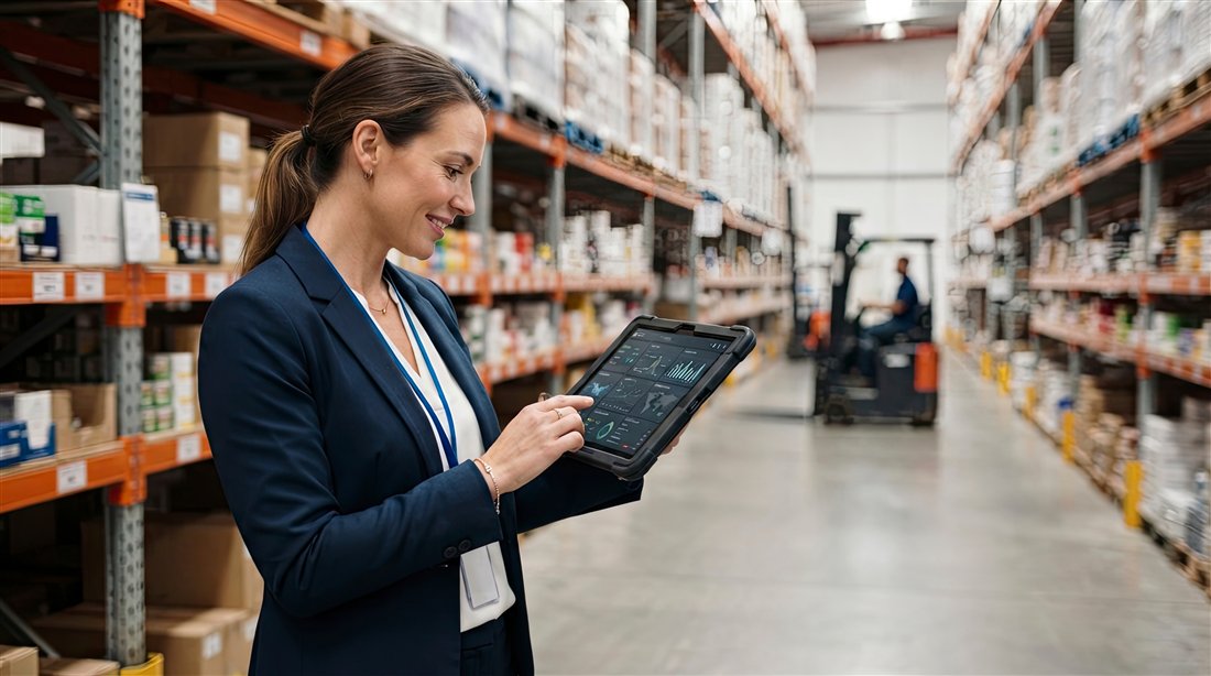 Retail leader reviewing analytics on a tablet in a distribution warehouse