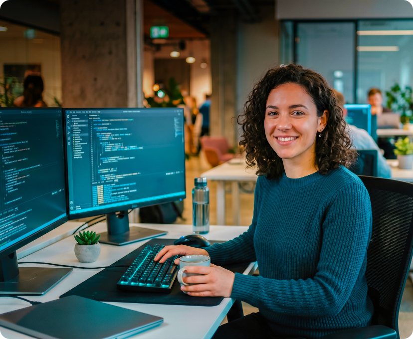 Infocepts engineer working at a desk with code on monitors