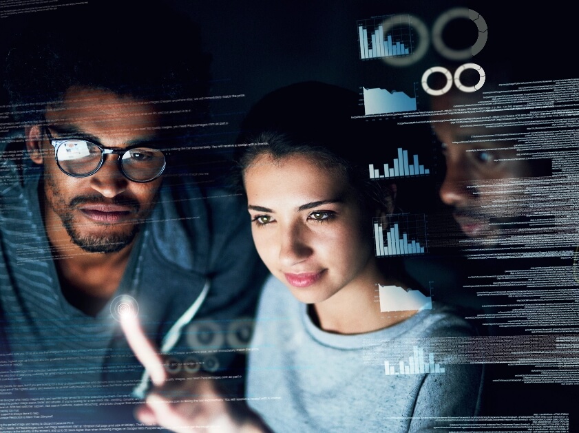 Two analysts exploring data on a transparent display