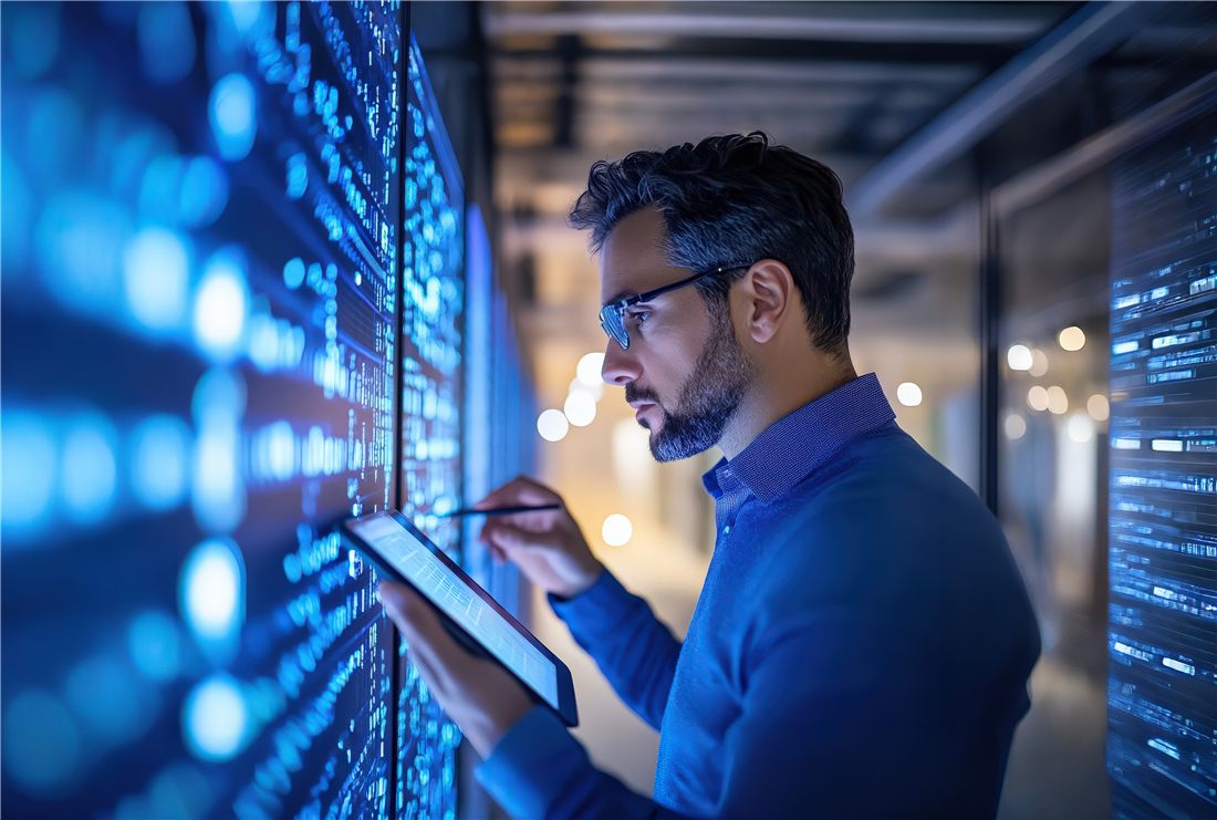 A data engineer reviewing a data platform on a large illuminated screen