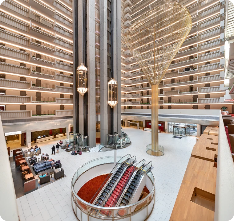Atrium lobby of Hyatt Regency Atlanta, venue for Infocepts 1:1 meetings at Databricks World Tour Atlanta 2026